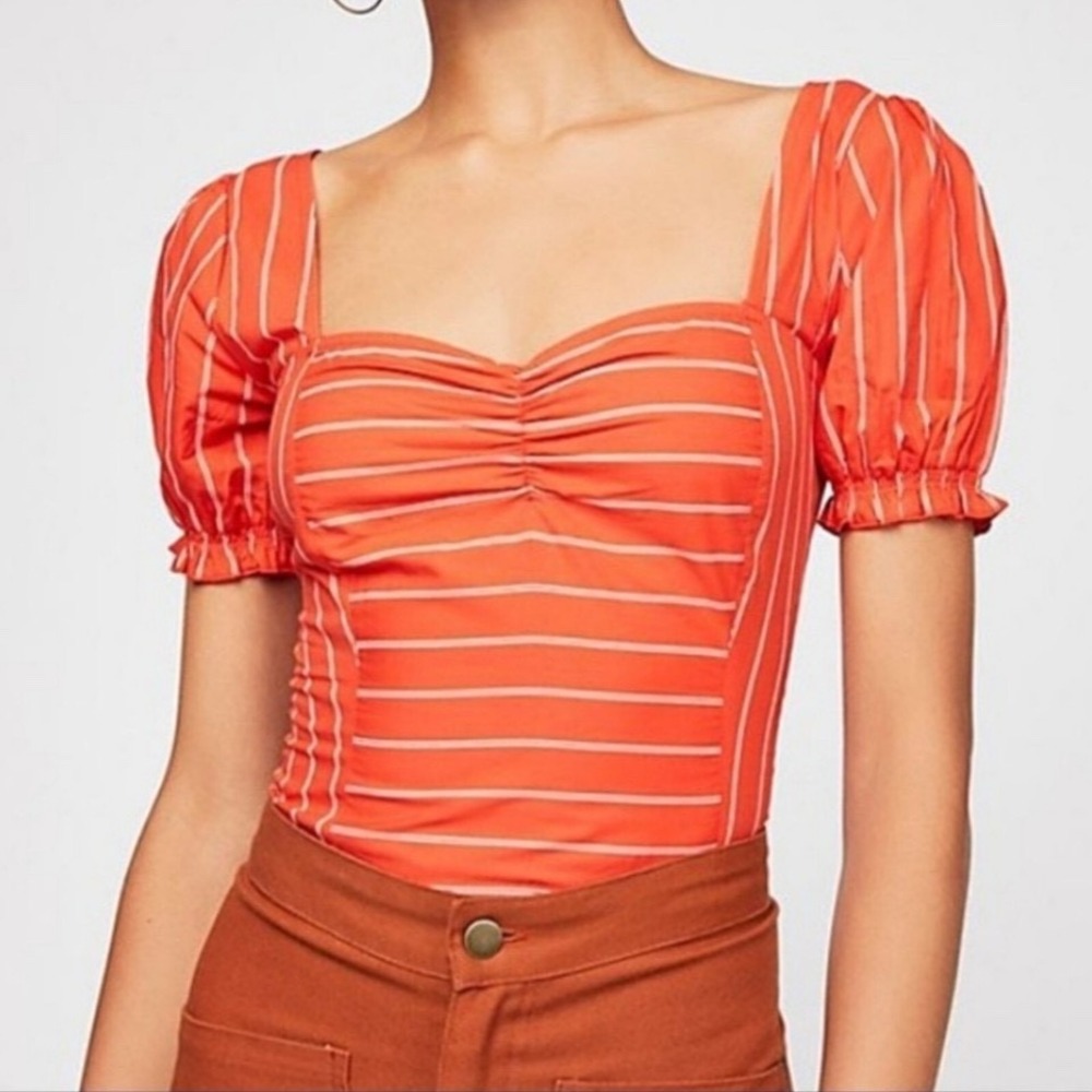 Free People Rose Garden Puff Sleeve Crop Top Womens Size M Orange & White Stripe